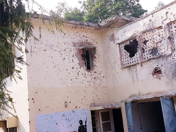 A building damaged in terror attack inside Army Unit at Nagrota. Another pic on page 6. —Excelsior Photo A building damaged in terror attack inside Army Unit at Nagrota. Another pic on page 6. —Excelsior Photo