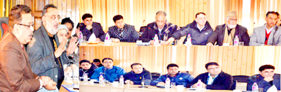 Finance Minister Dr Haseeb Drabu chairing a meeting at Srinagar on Saturday. Finance Minister Dr Haseeb Drabu chairing a meeting at Srinagar on Saturday.