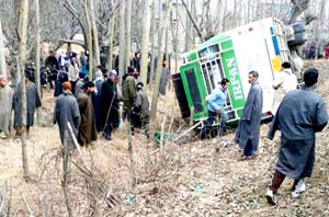Ill fated bus which met with an accident in Pattan area. Ill fated bus which met with an accident in Pattan area.