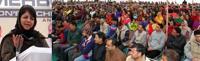 Chief Minister Mehbooba Mufti addressing a public gathering in Jammu on Friday. Chief Minister Mehbooba Mufti addressing a public gathering in Jammu on Friday.