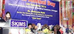 Chief Minister Mehbooba Mufti addressing gathering at SKIMS on Monday. Chief Minister Mehbooba Mufti addressing gathering at SKIMS on Monday.
