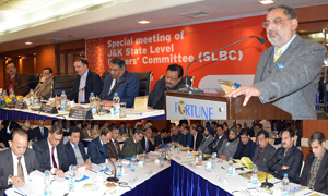Minister for Finance Dr Haseeb Drabu speaking during a meeting of State Level Bankers Committee at Jammu on Wednesday. Minister for Finance Dr Haseeb Drabu speaking during a meeting of State Level Bankers Committee at Jammu on Wednesday.