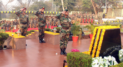 Senior Army officers paying homage to war heroes at `Dhruva Shaheedi Sthal' in Udhampur on Friday. Senior Army officers paying homage to war heroes at `Dhruva Shaheedi Sthal' in Udhampur on Friday.