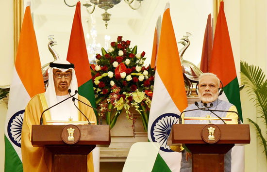 Prime Minister, Narendra Modi with the Crown Prince of Abu Dhabi, Deputy Supreme Commander of U.A.E. Armed Forces, General Sheikh Mohammed Bin Zayed Al Nahyan at the joint media briefing, at Hyderabad House, in New Delhi on Wednesday. Prime Minister, Narendra Modi with the Crown Prince of Abu Dhabi, Deputy Supreme Commander of U.A.E. Armed Forces, General Sheikh Mohammed Bin Zayed Al Nahyan at the joint media briefing, at Hyderabad House, in New Delhi on Wednesday.