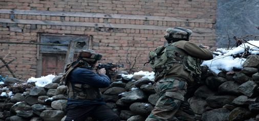 Security forces in action during encounter at Awoora in Anantnag on Sunday. — Excelsior/Younis Khaliq Security forces in action during encounter at Awoora in Anantnag on Sunday. — Excelsior/Younis Khaliq
