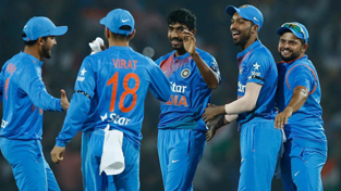 Jasprit Bumrah celebrating dismissal of Jos Buttler during 2nd T-20 match against England at Nagpur on Sunday. Jasprit Bumrah celebrating dismissal of Jos Buttler during 2nd T-20 match against England at Nagpur on Sunday.