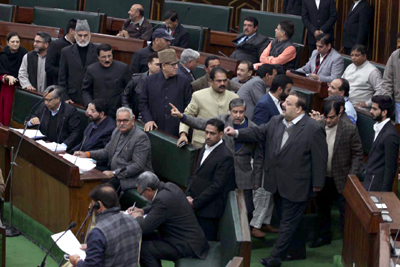 Opposition MLAs staging walk-out in the Assembly on Saturday. — Excelsior/Rakesh Opposition MLAs staging walk-out in the Assembly on Saturday. — Excelsior/Rakesh