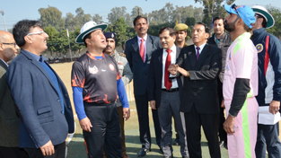 ADGP VK Singh alongwith the skippers and other dignitaries tossing coin while inaugurating Tournament for Physically Challenged Cricketers in Jammu on Friday. ADGP VK Singh alongwith the skippers and other dignitaries tossing coin while inaugurating Tournament for Physically Challenged Cricketers in Jammu on Friday.