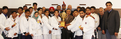 Specially abled sportspersons posing for a group photograph alongwith DGP, Dr SP Vaid during felicitation function in Jammu. Specially abled sportspersons posing for a group photograph alongwith DGP, Dr SP Vaid during felicitation function in Jammu.