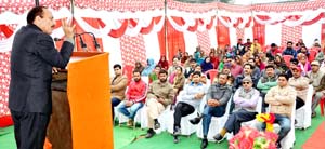 Minister for Rural Development Abdul Haq addressing a gathering at Samba on Sunday. Minister for Rural Development Abdul Haq addressing a gathering at Samba on Sunday.