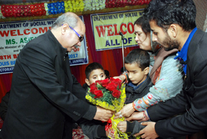 Blind students during celebrations of Braille’s 208th birthday in Jammu on Thursday. Blind students during celebrations of Braille’s 208th birthday in Jammu on Thursday.