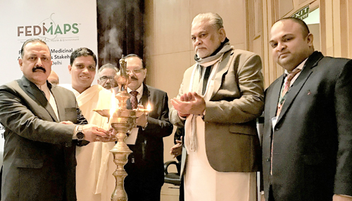 Union Minister Dr Jitendra Singh as chief guest, flanked by union MoS Agriculture Parshottam Rupala and Acharya Balkrishna from Patanjali, lighting the traditional lamp to inaugurate the two-day International Symposium on Medicinal plants of India, at New Delhi on Thursday. Union Minister Dr Jitendra Singh as chief guest, flanked by union MoS Agriculture Parshottam Rupala and Acharya Balkrishna from Patanjali, lighting the traditional lamp to inaugurate the two-day International Symposium on Medicinal plants of India, at New Delhi on Thursday.