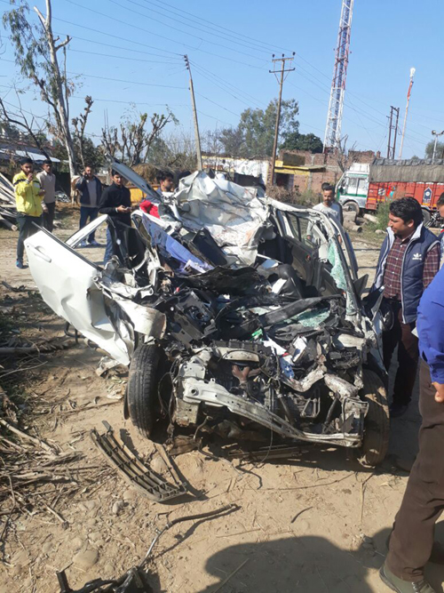 The Swift car which was damaged in a road accident at Palli near Kathua on Monday. -Excelsior/Mangotra The Swift car which was damaged in a road accident at Palli near Kathua on Monday. -Excelsior/Mangotra