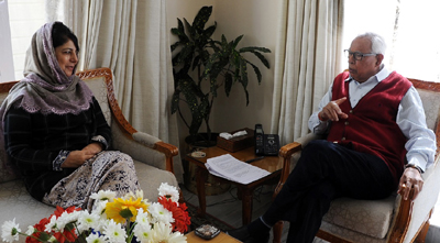 Governor NN Vohra in a meeting with Chief Minister Mehbooba Mufti at Raj Bhavan on Tuesday. Governor NN Vohra in a meeting with Chief Minister Mehbooba Mufti at Raj Bhavan on Tuesday.