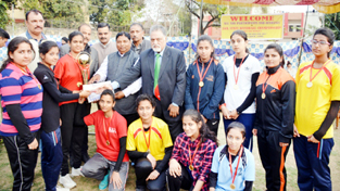 Players, Officials and Dignitaries during concluding ceremony of 4th State Handball Championship in Jammu. Players, Officials and Dignitaries during concluding ceremony of 4th State Handball Championship in Jammu.