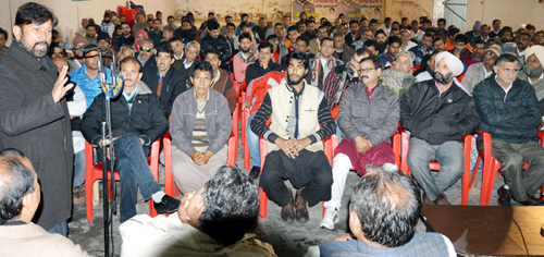 Forest Minister Ch Lal Singh addressing public grievance redressal camp at Kathua on Sunday. Forest Minister Ch Lal Singh addressing public grievance redressal camp at Kathua on Sunday.