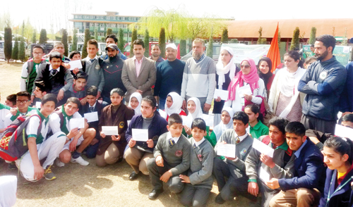 Winners of Khelo India Competitions posing for a group photograph at Green Valley Educational Institute in Srinagar. Winners of Khelo India Competitions posing for a group photograph at Green Valley Educational Institute in Srinagar.