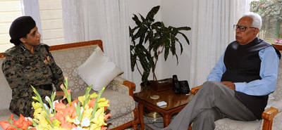 Governor NN Vohra interacting with DIG CRPF Nitu Bhattacharya in Jammu on Wednesday. Governor NN Vohra interacting with DIG CRPF Nitu Bhattacharya in Jammu on Wednesday.