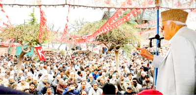 NC president Farooq Abdullah addressing a poll rally in Budgam town on Saturday. -Excelsior/Shakeel NC president Farooq Abdullah addressing a poll rally in Budgam town on Saturday. -Excelsior/Shakeel