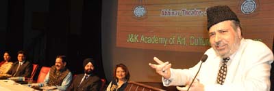 Member Parliament Muzaffar Hussain Beigh addressing a gathering at Abhinav Theatre on Saturday.
