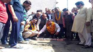 MLA Jammu West, Sat Sharma kick starting upgradation work at Basant Vihar on Sunday. MLA Jammu West, Sat Sharma kick starting upgradation work at Basant Vihar on Sunday.