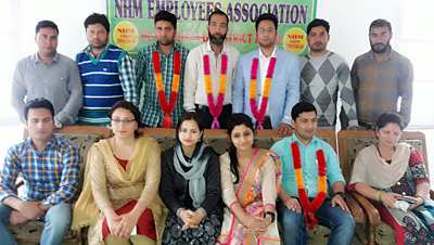 NHM employees during a meeting at Thathri on Sunday. NHM employees during a meeting at Thathri on Sunday.