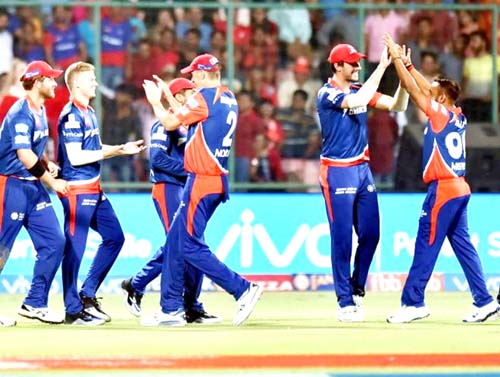 Delhi Daredevils players celebrating dismissal of Glenn Maxwell at Ferozshah Kotla in New Delhi on Saturday. Delhi Daredevils players celebrating dismissal of Glenn Maxwell at Ferozshah Kotla in New Delhi on Saturday.