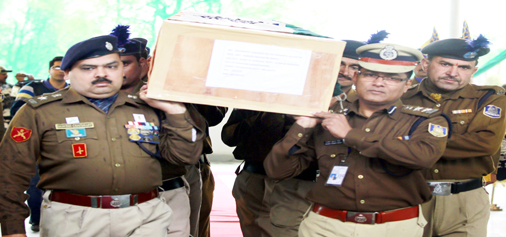 CRPF officers carrying the coffin of a soldier, who lost his life in Pantha Chowk attack in Srinagar. -Excelsior/Shakeel CRPF officers carrying the coffin of a soldier, who lost his life in Pantha Chowk attack in Srinagar. -Excelsior/Shakeel