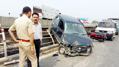 A car which was totally damaged in an accident at Sahar bridge on Saturday. A car which was totally damaged in an accident at Sahar bridge on Saturday.