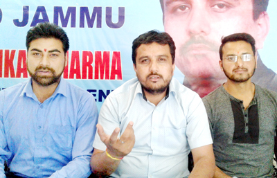 NSF leaders addressing press conference at Jammu on Sunday. NSF leaders addressing press conference at Jammu on Sunday.