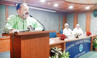 Union Minister Dr Jitendra Singh delivering a guest lecture organised by Central Vigilance Commission (CVC) at New Delhi on Tuesday. Union Minister Dr Jitendra Singh delivering a guest lecture organised by Central Vigilance Commission (CVC) at New Delhi on Tuesday.