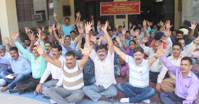 VLWs & MPWs raising slogans in support of their demands during protest dharna at Jammu on Wednesday. VLWs & MPWs raising slogans in support of their demands during protest dharna at Jammu on Wednesday.