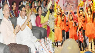 Speaker Kavinder Gupta, Minister for Education Altaf Bukhari and MoS Education Priya Sethi witnessing performance of students in Jammu on Thursday.