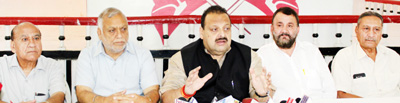 NC Provincial President, Devender Rana addressing a press conference at Jammu on Monday.