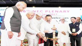 Union Minister Dr Jitendra Singh, flanked by Governors and Chief Ministers of eight North-Eastern States, lighting the traditional lamp to declare open the Plenary Meeting of North Eastern Council (NEC) at Pravasi Bharatiya Kendra, New Delhi on Monday. Union Minister Dr Jitendra Singh, flanked by Governors and Chief Ministers of eight North-Eastern States, lighting the traditional lamp to declare open the Plenary Meeting of North Eastern Council (NEC) at Pravasi Bharatiya Kendra, New Delhi on Monday.