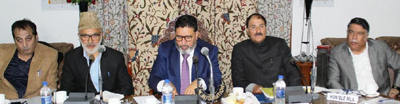 Minister for Education, Altaf Bukhari chairing a meeting in Srinagar on Saturday. Minister for Education, Altaf Bukhari chairing a meeting in Srinagar on Saturday.