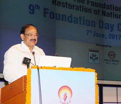 Union Minister for Urban Development, Housing & Urban Poverty Alleviation and Information & Broadcasting, M. Venkaiah Naidu addressing at the 9th foundation day of the Foundation for Restoration of National Values (FRNV), in New Delhi on Wednesday. Union Minister for Urban Development, Housing & Urban Poverty Alleviation and Information & Broadcasting, M. Venkaiah Naidu addressing at the 9th foundation day of the Foundation for Restoration of National Values (FRNV), in New Delhi on Wednesday.