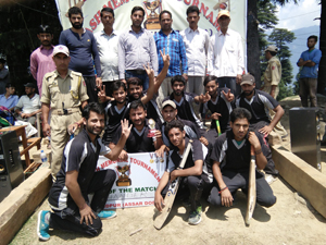 Jubilant players of Royal Challenger Barghrawn posing for a group photograph after registering win in 1st Shubash Memorial Cricket Tourney in Doda. Jubilant players of Royal Challenger Barghrawn posing for a group photograph after registering win in 1st Shubash Memorial Cricket Tourney in Doda.
