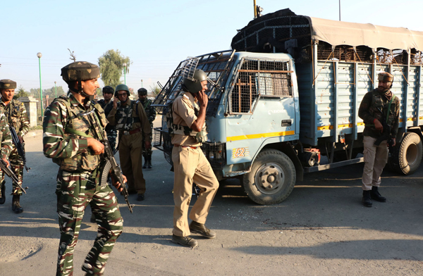 CRPF personnel at Pantha Chowk, Srinagar after the attack on Saturday. — Excelsior/Shakeel CRPF personnel at Pantha Chowk, Srinagar after the attack on Saturday. — Excelsior/Shakeel