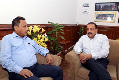 Union Minister Dr Jitendra Singh with President, Federation of Industry & Commerce of North Eastern Region (FINER), Prabitra Buragohain, at New Delhi on Thursday. Union Minister Dr Jitendra Singh with President, Federation of Industry & Commerce of North Eastern Region (FINER), Prabitra Buragohain, at New Delhi on Thursday.