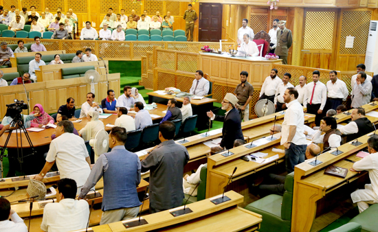 Opposition MLAs protesting in the Assembly against GST on Wednesday. —Excelsior/Shakeel Opposition MLAs protesting in the Assembly against GST on Wednesday. —Excelsior/Shakeel