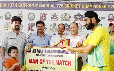 Kulwinder receiving Man of the Match award at Sports Stadium in Doda. Kulwinder receiving Man of the Match award at Sports Stadium in Doda.