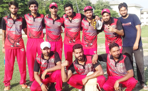 Players of NUCC posing for a group photograph after registering win over DCC at KC School ground in Jammu on Friday. Players of NUCC posing for a group photograph after registering win over DCC at KC School ground in Jammu on Friday.