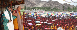 Chief Minister Mehbooba Mufti along with Dalai Lama during a function at Leh on Sunday. Chief Minister Mehbooba Mufti along with Dalai Lama during a function at Leh on Sunday.