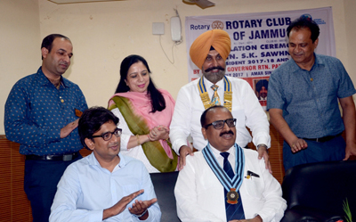 Newly installed president of Rotary Club Jammu along with other dignitaries on Saturday. Newly installed president of Rotary Club Jammu along with other dignitaries on Saturday.