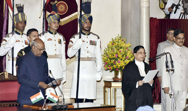 President Ram Nath Kovind administering the oath of office to Justice Dipak Misra as Chief Justice of India at a swearing-in ceremony at Rashtrapati Bhavan in New Delhi on Monday. (UNI) President Ram Nath Kovind administering the oath of office to Justice Dipak Misra as Chief Justice of India at a swearing-in ceremony at Rashtrapati Bhavan in New Delhi on Monday. (UNI)