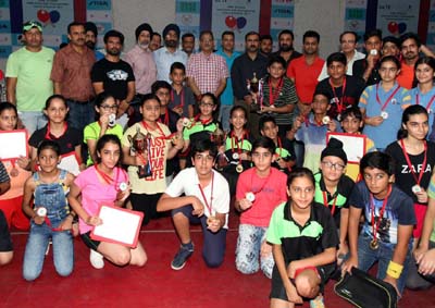 Winners of Table Tennis Championship posing along with Speaker J&K Legislative Assembly, Kavinder Gupta in Jammu on Thursday. —Excelsior/Rakesh Winners of Table Tennis Championship posing along with Speaker J&K Legislative Assembly, Kavinder Gupta in Jammu on Thursday. —Excelsior/Rakesh
