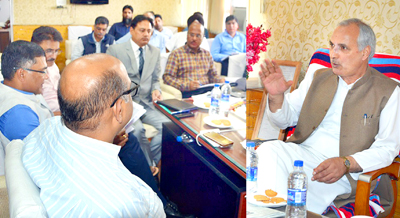 Minister for Revenue, A R Veeri chairing a meeting at Srinagar on Friday. Minister for Revenue, A R Veeri chairing a meeting at Srinagar on Friday.