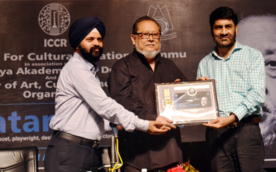 NSD Chairman Ratan Thiyam being felicitated by ICCR Director Balwant Thakur and Additional Secretary J&K Academy of Art, Culture and Languages at Abhinav Theatre on Thursday. NSD Chairman Ratan Thiyam being felicitated by ICCR Director Balwant Thakur and Additional Secretary J&K Academy of Art, Culture and Languages at Abhinav Theatre on Thursday.
