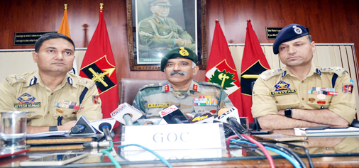 IGP North Kashmir Nitesh Kumar, GoC 19 Division RP Kalita and SSP Baramulla Imtiyaz Hussain addressing a joint press conference on Qayoom Najjar’s killing at Baramulla on Tuesday. -Excelsior/Aabid Nabi IGP North Kashmir Nitesh Kumar, GoC 19 Division RP Kalita and SSP Baramulla Imtiyaz Hussain addressing a joint press conference on Qayoom Najjar’s killing at Baramulla on Tuesday. -Excelsior/Aabid Nabi